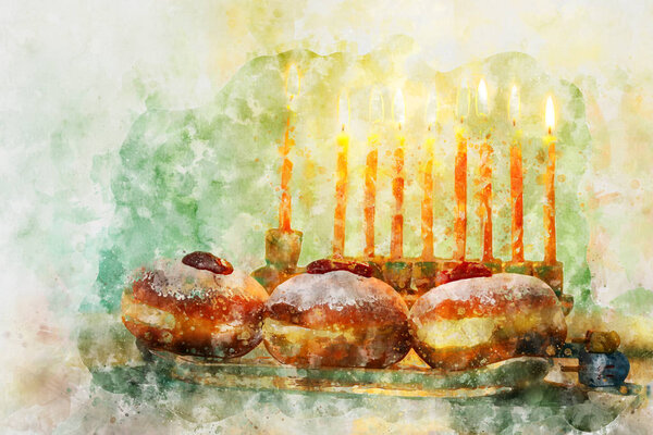 watercolor style and abstract image of jewish holiday Hanukkah with menorah (traditional candelabra)