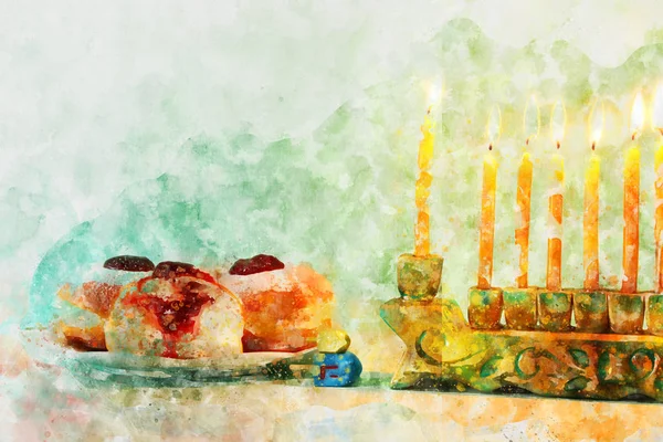 Acquerello e immagine astratta della vacanza ebraica Hanukkah con menorah (candelabro tradizionale ) — Foto Stock