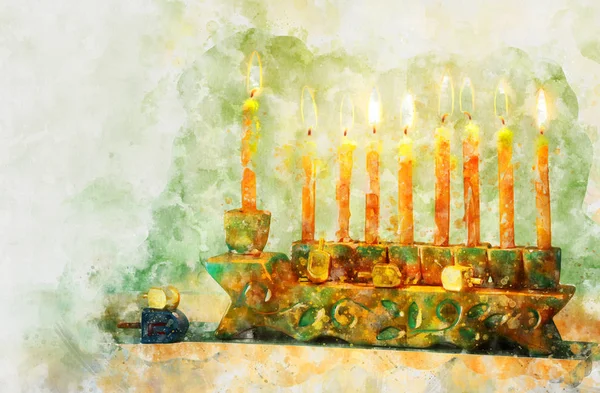 Watercolor style and abstract image of jewish holiday Hanukkah with menorah (traditional candelabra) — Stock Photo, Image