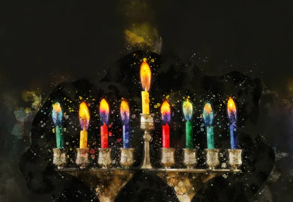 Akvarel styl a abstraktní obraz židovské dovolené Chanuka s menorah (tradiční svícen) — Stock fotografie