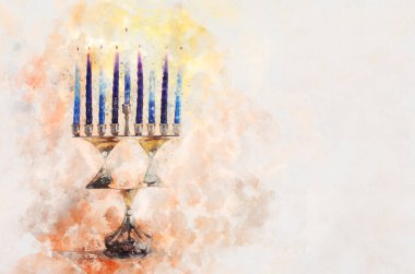 suluboya stili ve soyut Yahudi bayramı Hanuka 'sının menoralı hali (geleneksel şamdan))