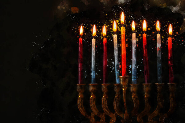 watercolor style and abstract image of jewish holiday Hanukkah with menorah (traditional candelabra)