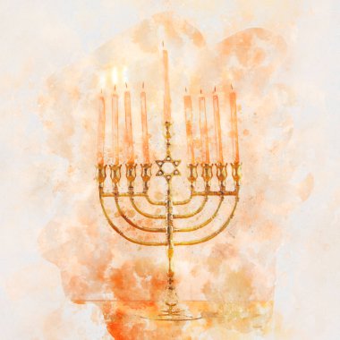 suluboya stili ve soyut Yahudi bayramı Hanuka 'sının menoralı hali (geleneksel şamdan))