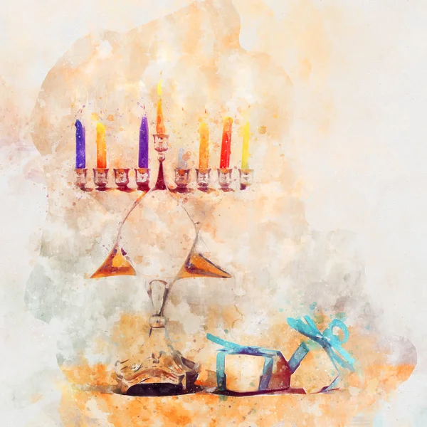 Estilo acuarela e imagen abstracta de fiesta judía Hanukkah con menorah (candelabros tradicionales ) — Foto de Stock