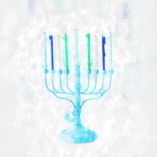 Watercolor style and abstract image of jewish holiday Hanukkah with menorah (traditional candelabra) — Stock Photo, Image