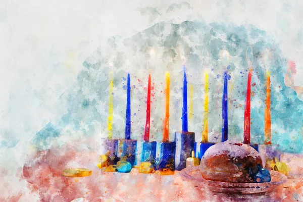 水彩画风格与犹太节日光明节的抽象形象(传统烛光)) — 图库照片