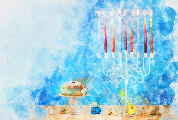 Aquarelstijl en abstract beeld van joodse vakantie Chanoeka met menorah (traditionele kandelaar)) — Stockfoto