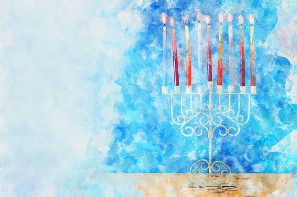 Estilo acuarela e imagen abstracta de fiesta judía Hanukkah con menorah (candelabros tradicionales ) —  Fotos de Stock