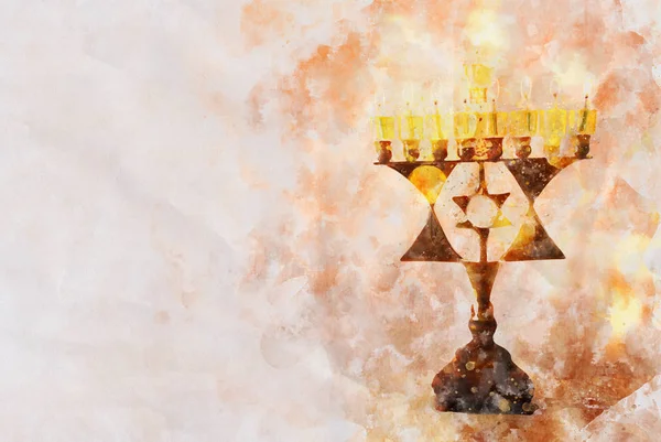 Watercolor style and abstract image of jewish holiday Hanukkah with menorah (traditional candelabra) — Stock Photo, Image