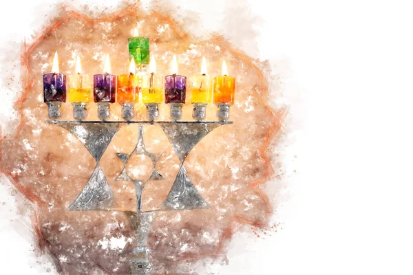 Стиль акварелі та абстрактне зображення єврейського свята Ханука з мерами (традиційні канделябри ) — стокове фото