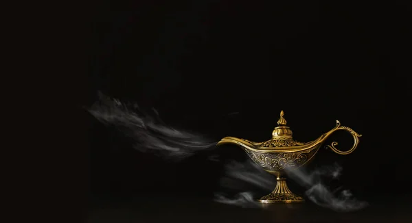 Image of magical mysterious aladdin lamp with glitter sparkle smoke over black background. Lamp of wishes