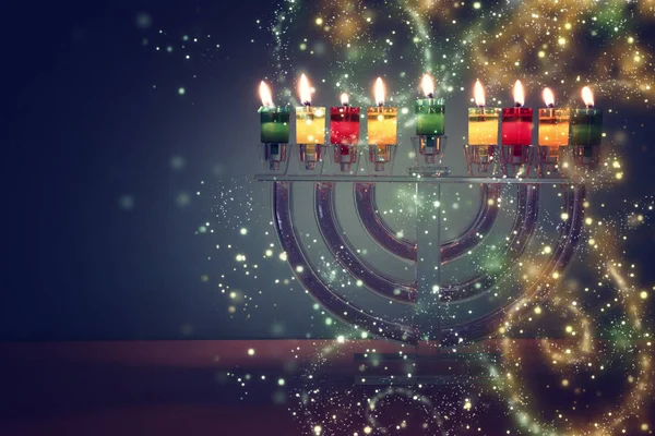 Image of jewish holiday Hanukkah background with crystal menorah — Stock Photo, Image