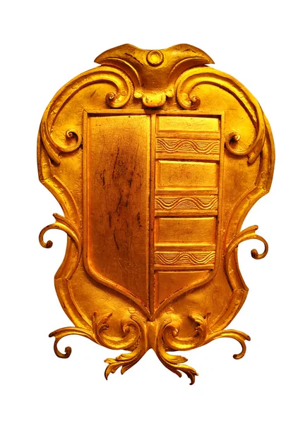 Zabytkowe elementy ozdobne, zabytkowe złote tarcze pancerne. izolowany na białym — Zdjęcie stockowe