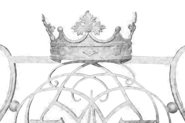 Black and white pencil sketch style and abstract illustration of vintage ornament crown element — 스톡 사진