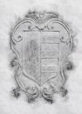 Siyah beyaz kalem taslak stili ve klasik şövalye kalkanının soyut çizimi