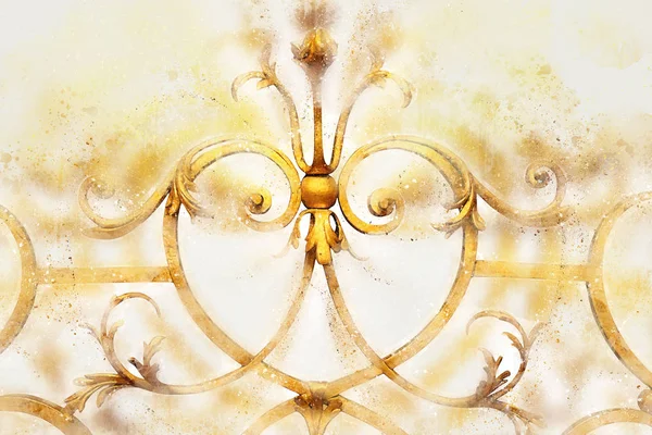 Watercolor style illustration of golden vintage ornament elements, antique floral designs — Stock Photo, Image