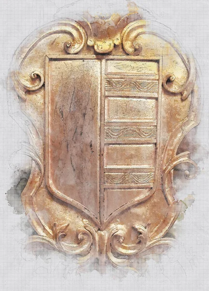 Arquitetura abstrata imagem estilo esboço de elementos ornamento vintage, escudo de armadura de ouro antigo — Fotografia de Stock