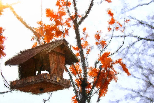 Иллюстрация деревянного птичьего домика на дереве в зимнее время — стоковое фото