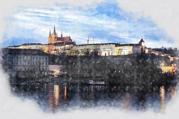 Abstract architecture sketch style image of Prague at night. Cathedral and palace view — 스톡 사진