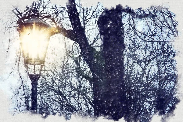 Pintura a óleo ilustração estilo de lâmpada de rua velha e árvores nuas no inverno — Fotografia de Stock