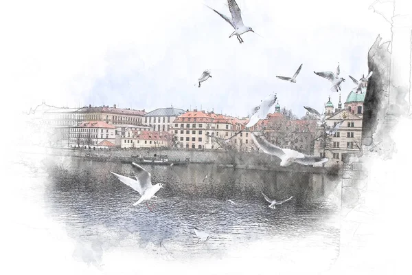 Architettura astratta schizzo immagine in stile di Praga vista urbana — Foto Stock