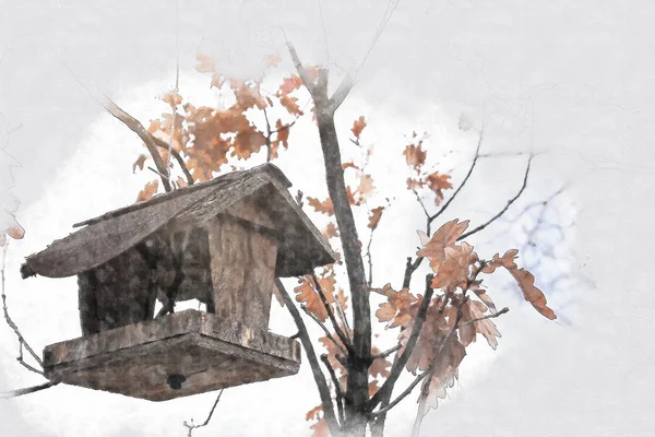 Abstract architecture sketch style image of wooden bird house on the tree at winter time — Stock Photo, Image