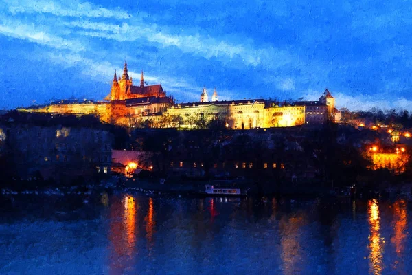Pintura a óleo estilo ilustração de Praga à noite. Catedral e vista do palácio — Fotografia de Stock