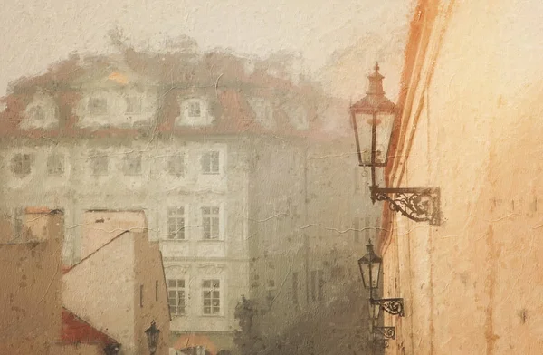 Oil painting style illustration of Prague with old beautiful houses in the winter — 스톡 사진