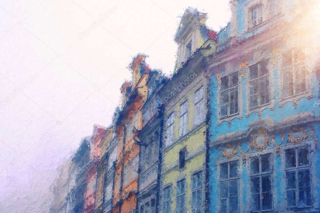 oil painting style illustration of Prague with old beautiful houses in the winter