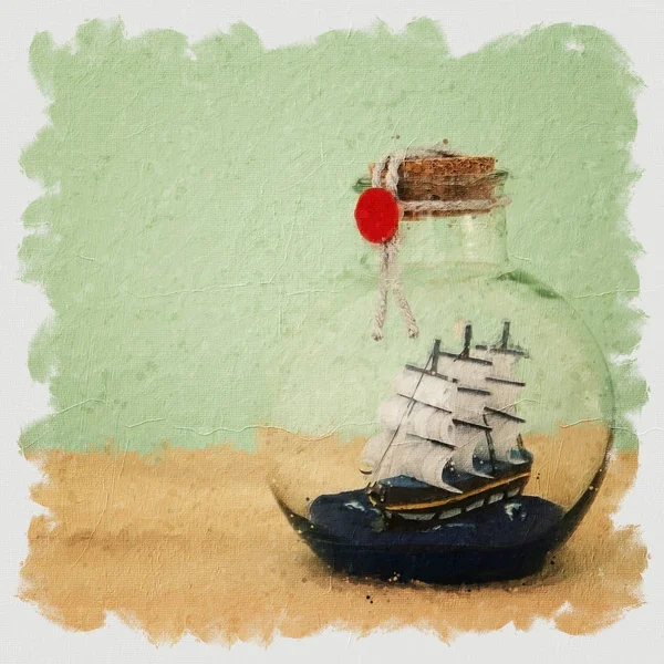 Oil painting style illustration of sail boat in the bottle over wooden table — 스톡 사진