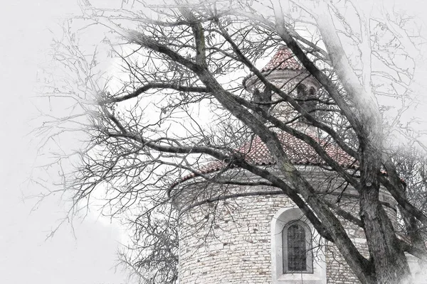Αφηρημένη αρχιτεκτονική σκίτσο στυλ εικόνα του αρχαίου σπιτιού και γυμνά δέντρα — Φωτογραφία Αρχείου