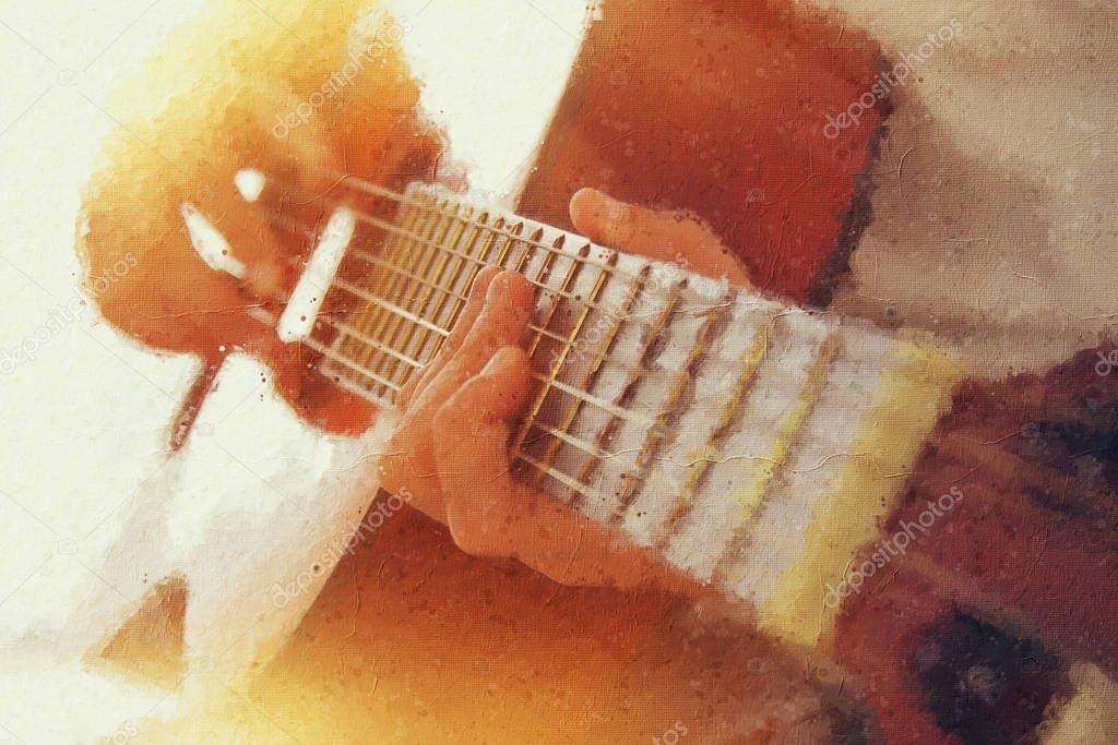 oil painting style illustration of young girl playing acoustic guitar
