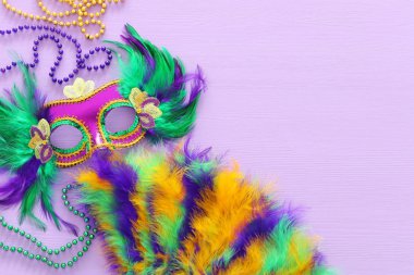 Mardi Gras maskesi, Venedik maskesi ve mor arka planda yelpaze tatili görüntüsü. Yukarıdan görünüm