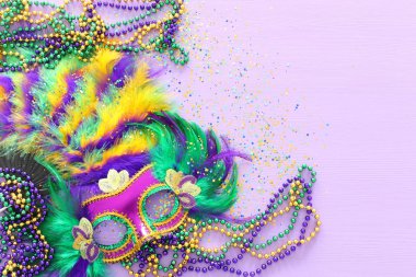 Mardi Gras maskesi, Venedik maskesi ve mor arka planda yelpaze tatili görüntüsü. Yukarıdan görünüm