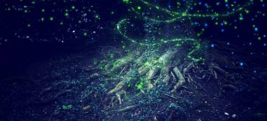 Firefly 'ın gece ormanında uçuşunun soyut ve büyülü görüntüsü. Peri masalı kavramı