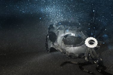 Zarif ve narin siyah Venedik maskesinin resmi.