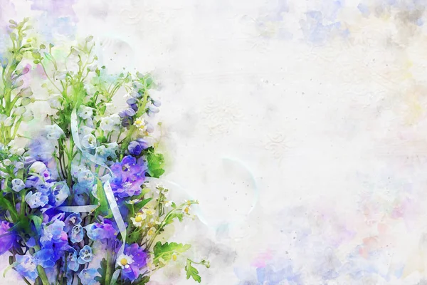 Aquarell Illustration Und Blaue Und Lila Blumen — Stockfoto