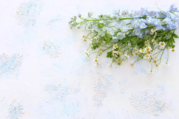 Spring Bouquet White Blue Flowers White Vintage Wooden Background Top — Stock Photo, Image