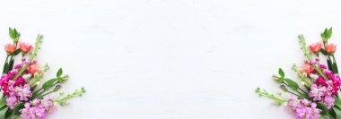 Beyaz, eski, ahşap arka planda pembe çiçekler. Üst görünüm, düz uzanma