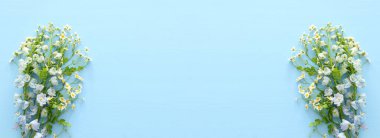 mavi ahşap arka planda beyaz ve mavi çiçeklerden oluşan bir buket. Üst görünüm, düz uzanma