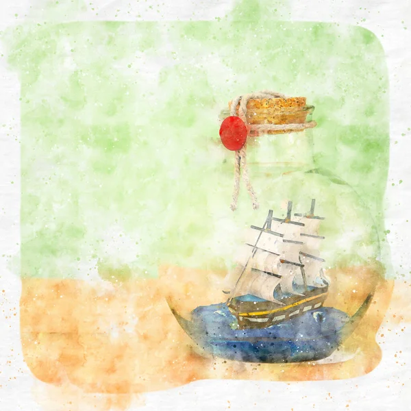 Akvarel Styl Abstraktní Obraz Námořní Koncepce Starou Lodí Láhvi — Stock fotografie