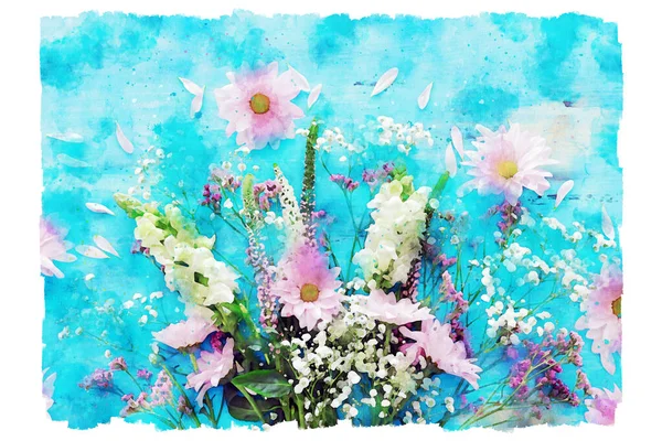 Akwarela Styl Ilustracja Niebieski Biały Kwiaty Niebieski — Zdjęcie stockowe