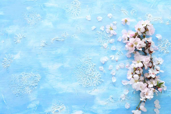 Photo Spring White Cherry Blossom Tree Vintage Pastel Blue Wooden — Stockfoto