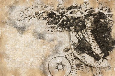 Siyah ve beyaz kalem çizim stili ve Pesah kutlama konseptinin soyut çizimi (Yahudi bayramı))