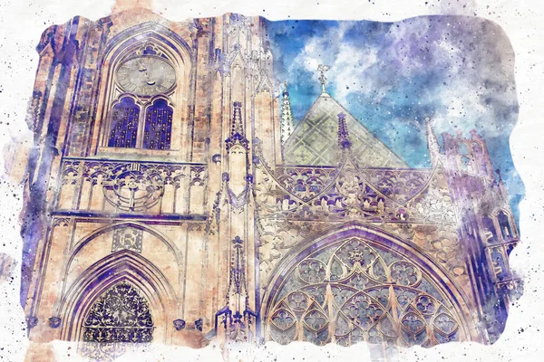 Estilo Aquarela Ilustração Abstrata Antiga Catedral Gótica — Fotografia de Stock