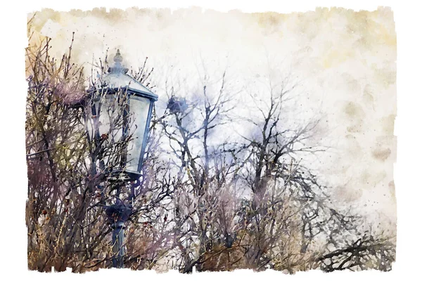 Стиль Акварелі Абстрактна Ілюстрація Старовинної Вуличної Лампи Голих Дерев — стокове фото