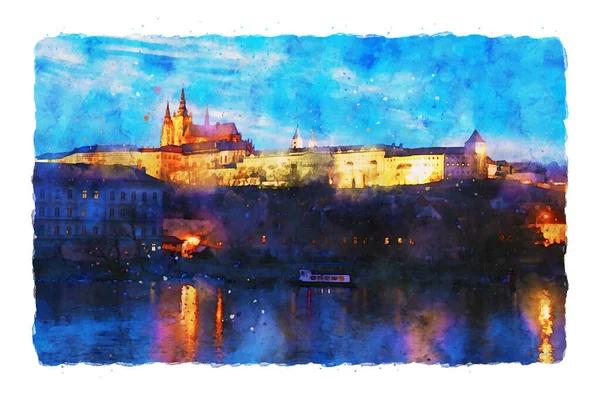 Aquarel Stijl Abstracte Illustratie Van Praag Nachts Kathedraal Paleis Uitzicht — Stockfoto