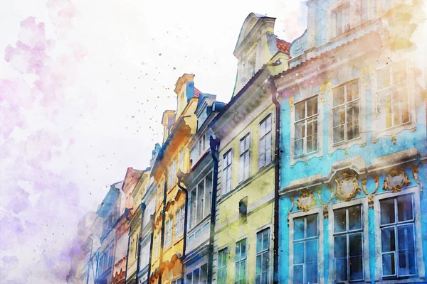 水彩画风格和布拉格古老漂亮房屋的抽象图解 — 图库照片