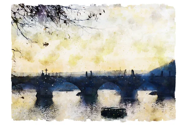 Watercolor Style Abstract Illustration Prague Vltava River Charles Bridge View — Stock Photo, Image