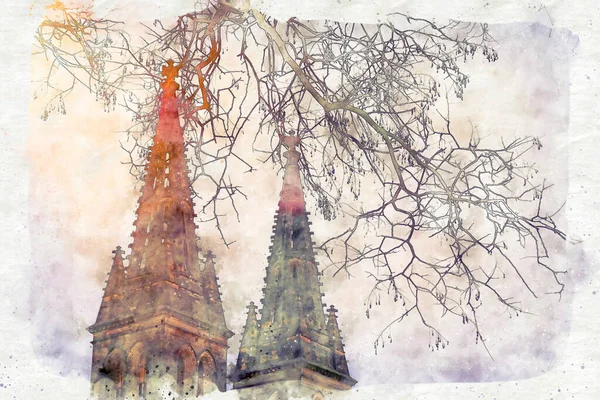 Aquarell Stil Und Abstrakte Illustration Der Alten Gotischen Kathedrale Und — Stockfoto